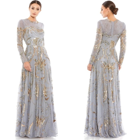 MAC DUGGAL 5217 PLATINUM GOLD LONG SLEEVE EMBELLISHED ILLUSION EVENING GOWN - Picture 1 of 17